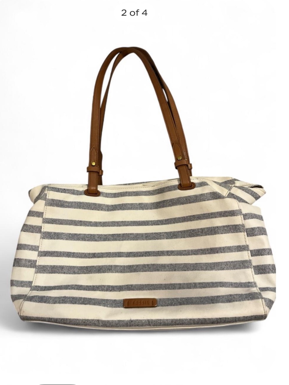 Fossil Rachel Striped Canvas Tote Bag Brown Leather Shoulder Purse Navy Cream